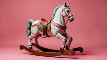 Vintage rocking horse with intricate details against a soft pink background, perfect for children's decor or nostalgia-themed designs.