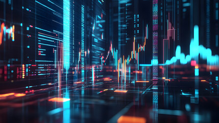 Futuristic financial technology hub with neon glow urban skyline digital data visualization high-tech environment aerial view