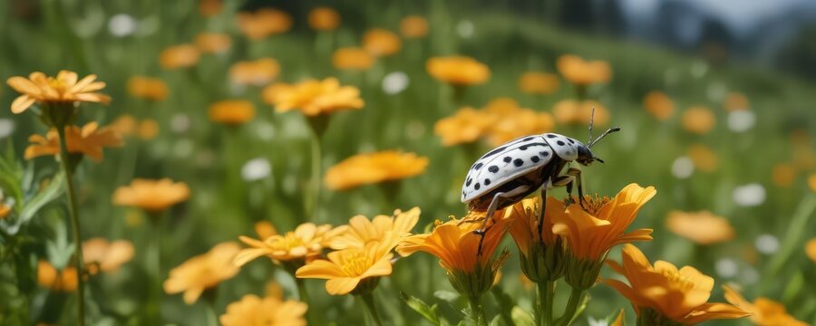 White spotted beetle oxythyrea funesta standing on a blooming orange flower in a lush meadow, floral, wildflower, natural habitat