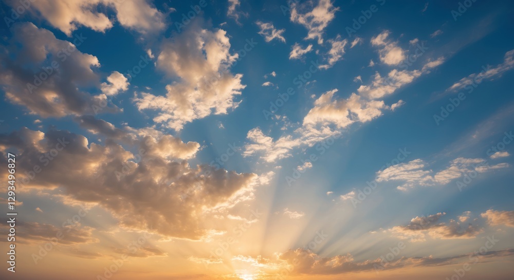 Aufkleber vibrant sunset sky background with fluffy clouds and sun rays illuminating the horizon creating a se