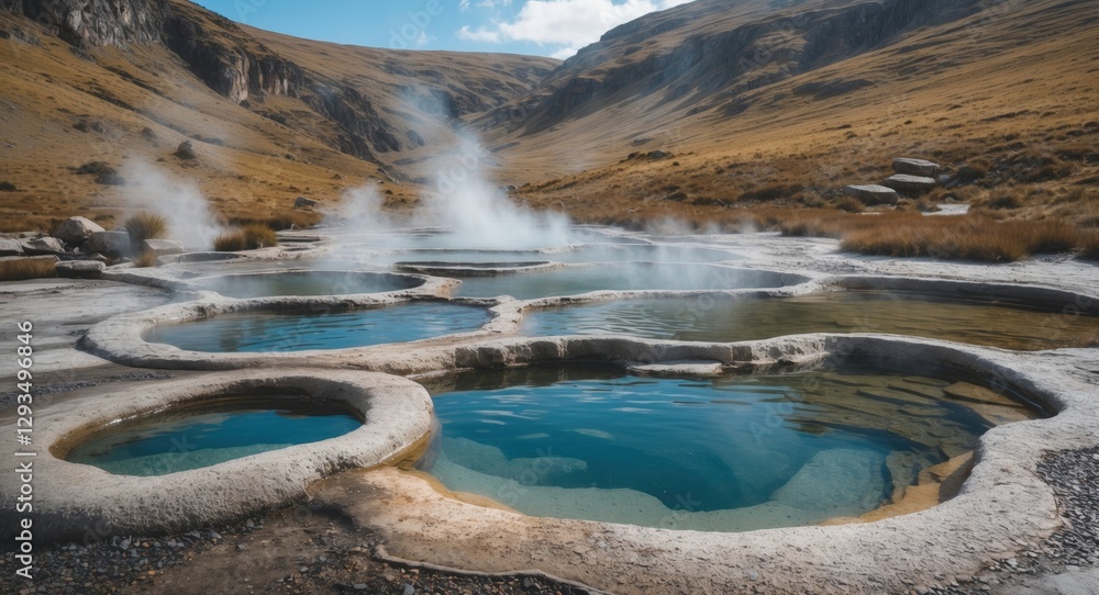 Poster serene natural hot springs in a valley surrounded by mountains with colorful pools and steam rising 