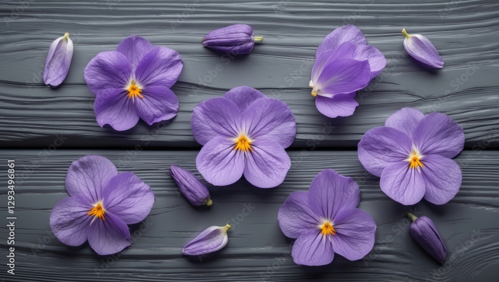 Poster vibrant violet flowers scattered on textured gray wood creating an elegant and serene ambiance with 