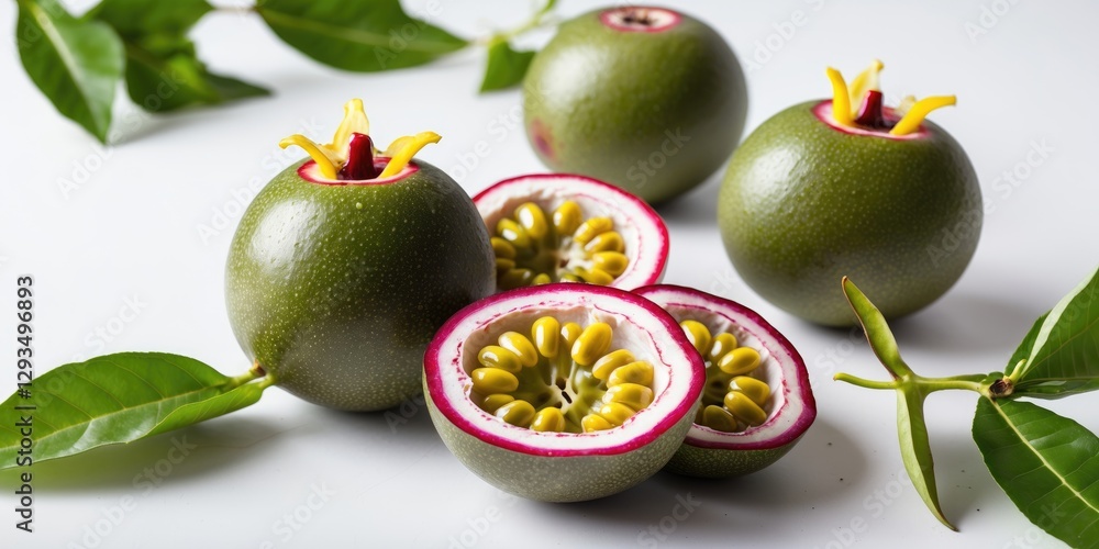 Poster fresh green passionfruit whole and half with seeds isolated on white background natural composition 