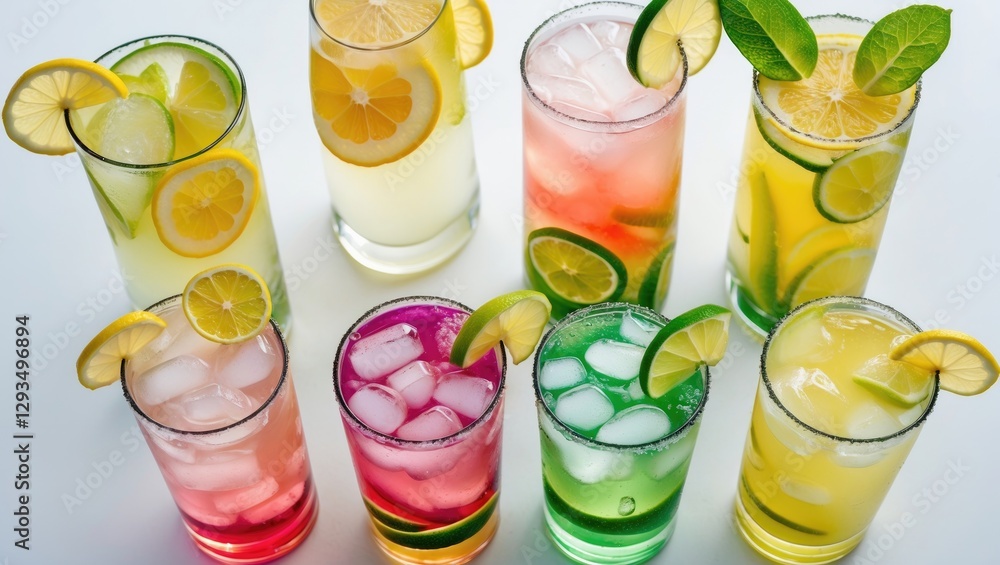 Poster Refreshing Lemonade and Colorful Cocktails with Ice and Citrus Slices on Bright White Background for Summer Drink Promotions