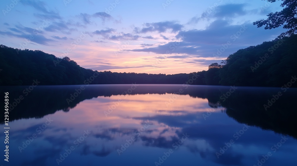 Poster a still lake with a perfectly mirrored sky at twilight