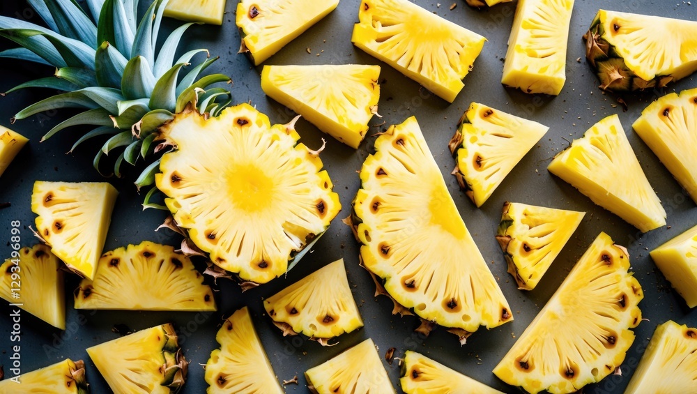 Poster freshly sliced pineapple cubes and wedges arranged on a dark surface creating a vibrant tropical fru