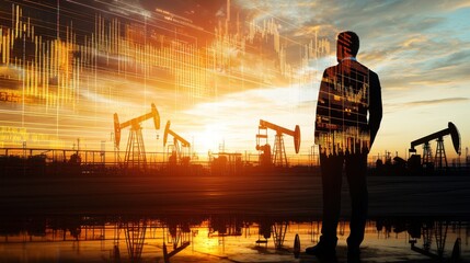 Confident Business Professional in Formal Attire at Sunset Oilfield
