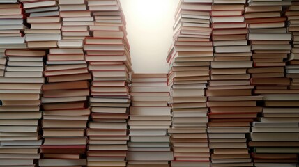 Stacks of books create narrow passage, illuminated by warm light
