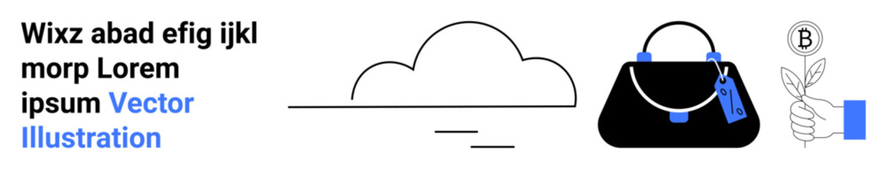 Cloud outline, chic handbag with tags, and hand holding leaf symbolizing nature, fashion, and sustainability. Ideal for technology, fashion, eco-awareness, branding shopping nature