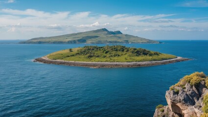Serene Coastal Landscape Featuring Island View Under Clear Skies With Tranquil Waters Ideal For Nature and Travel Promotions