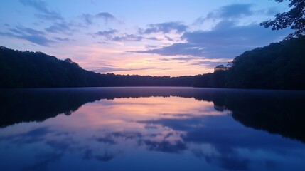 Fototapeta premium A still lake with a perfectly mirrored sky at twilight