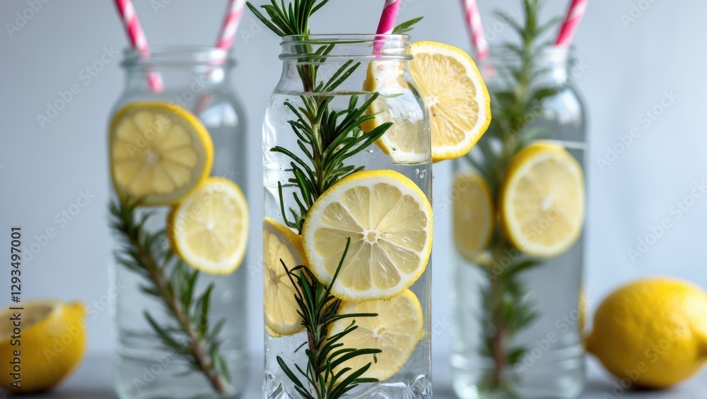 Poster refreshing lemon and rosemary infused water in glass bottles with straws and slices of citrus decora