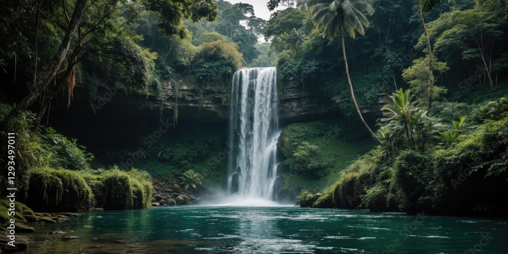 Poster serene jungle waterfall surrounded by lush greenery with tranquil pool and space for text integratio