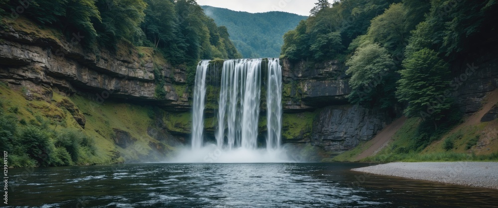 Poster serene waterfall cascading over cliff surrounded by lush greenery and tranquil lake with space for t