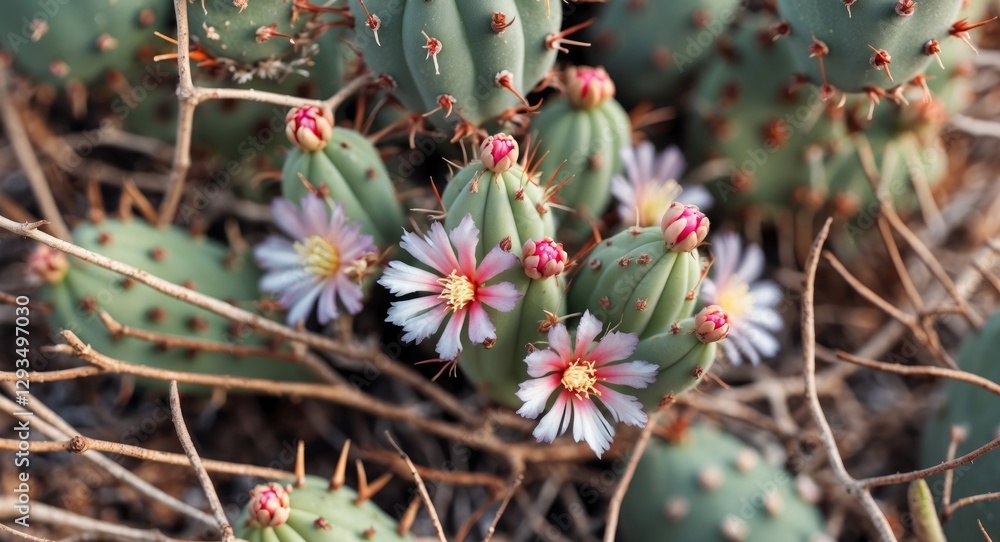 Poster Cactus Flowers Blooming Among Thorns in Macro View with Blurred Background and Space for Text in Nature Photography