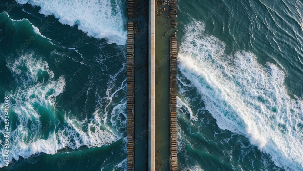 Poster aerial view of waves crashing on a breakwater showcasing vibrant ocean colors and textures in a calm