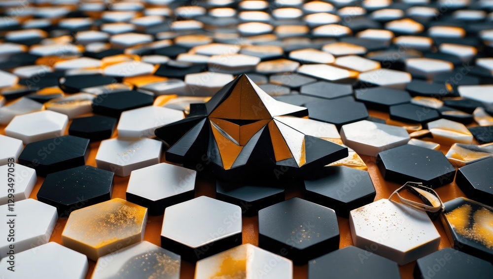 Aufkleber Abstract composition of interlocking black and white hexagons arranged in a triangular pattern with a central decorative pyramid structure.