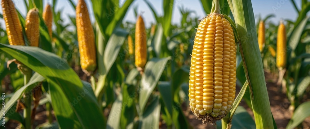 Poster golden corn ears in organic field with selective focus on kernels under bright sunlight