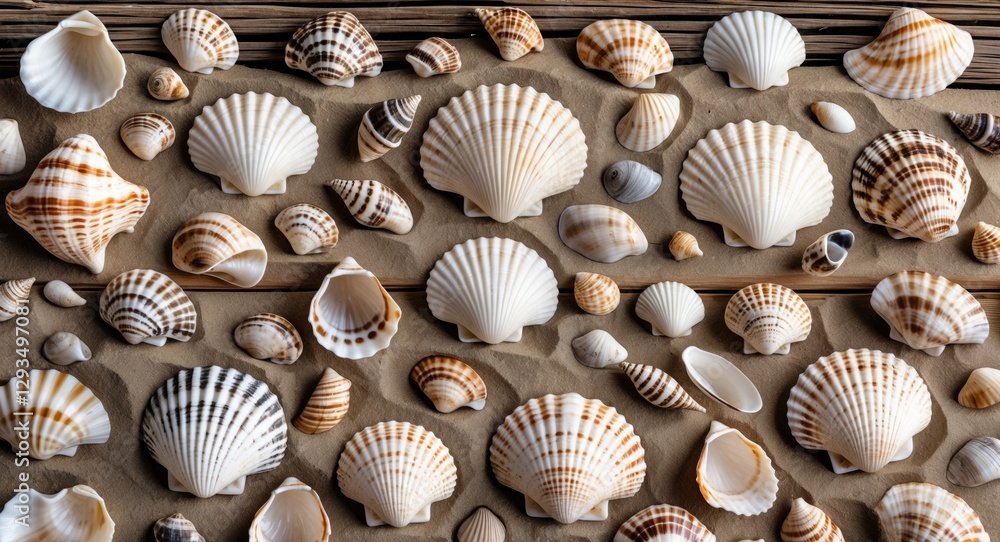 Aufkleber Seashells arranged on sandy surface with textured wooden background and ample empty space for text or design elements.