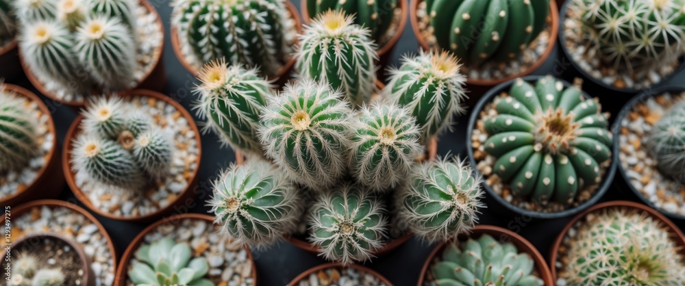 Poster Top View of Varied Cacti in Ceramic Pots with Empty Space for Text and Branding Ideas