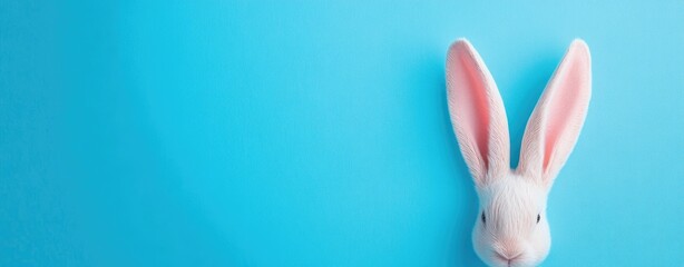 A pair of cute rabbit peeking from the bottom right corner against a soft pastel blue background.
