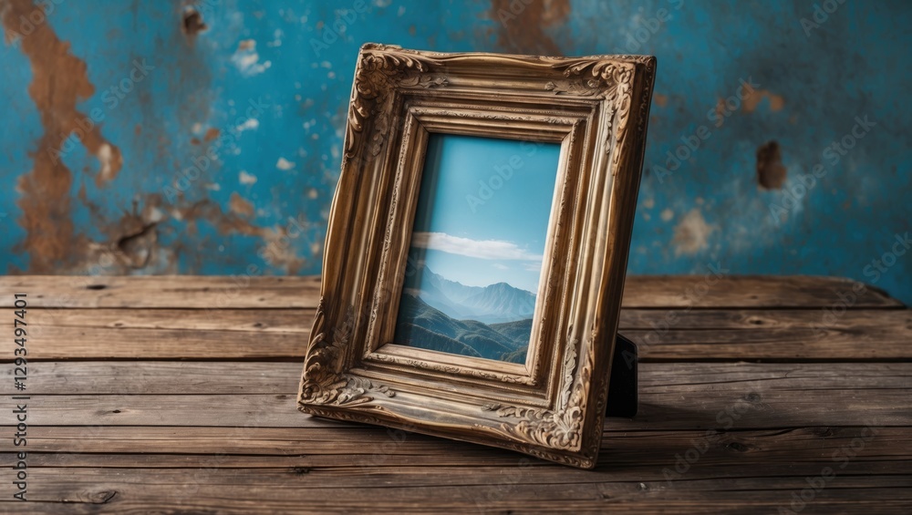 Aufkleber vintage ornate photo frame displayed on rustic wooden table against a distressed blue wall backgroun