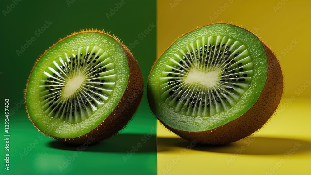 Poster Sliced Kiwi Halves Displayed on Vibrant Green and Yellow Backgrounds with Space for Custom Text in a Bright and Fresh Arrangement