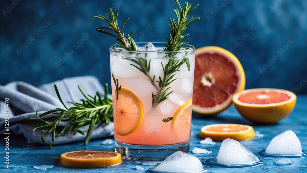 Poster refreshing grapefruit lemonade cocktail with rosemary ice citrus slices on blue background trendy su
