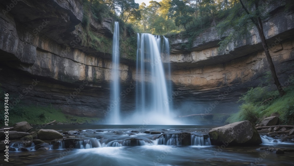 Aufkleber majestic waterfall cascading in lush national park surrounded by greenery with long exposure effect 