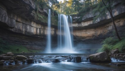 Obraz premium Majestic Waterfall Cascading in Lush National Park Surrounded by Greenery with Long Exposure Effect and Space for Custom Text