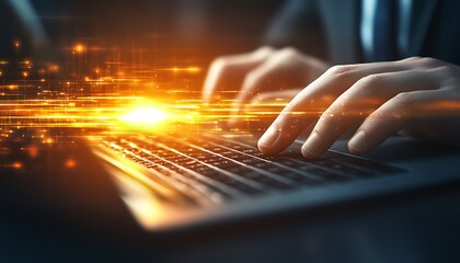Data streams flow from laptop keyboard