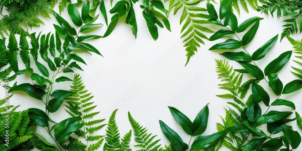 Poster lush green leaves and ferns form a natural frame on white background perfect for text and design ele