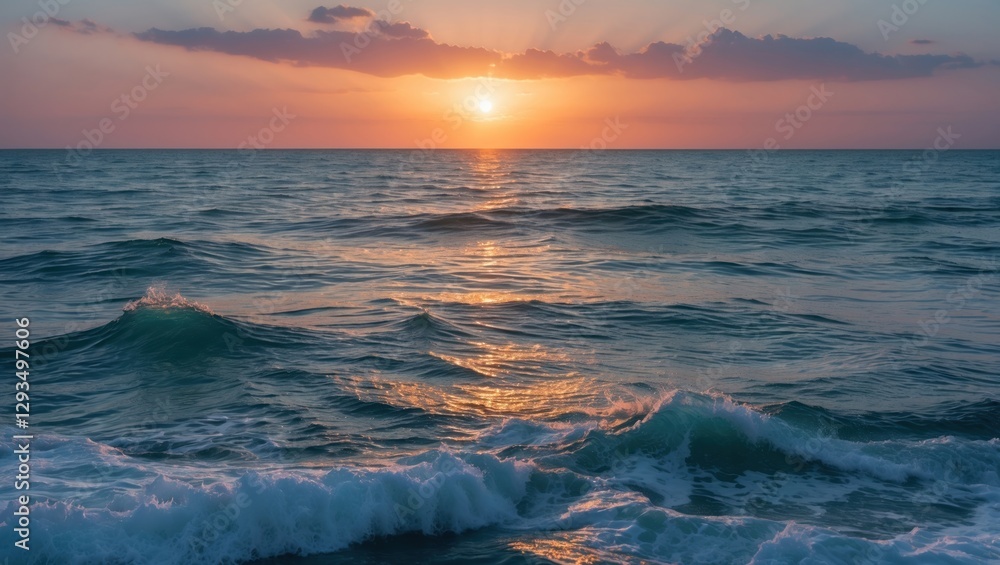 Poster serene sunrise over the ocean with soft waves and vibrant colors reflecting on the water creating a 