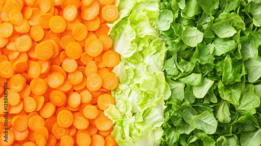 Poster fresh carrot slices and crisp green lettuce leaves arranged in a colorful vertical pattern for healt