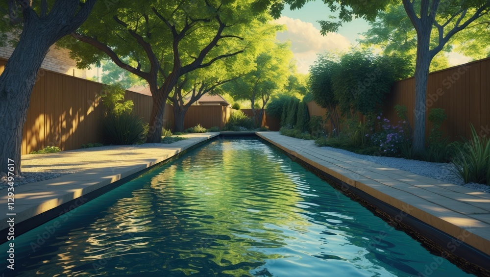 Poster tranquil backyard waterway surrounded by lush greenery and pathway creating a serene atmosphere for 