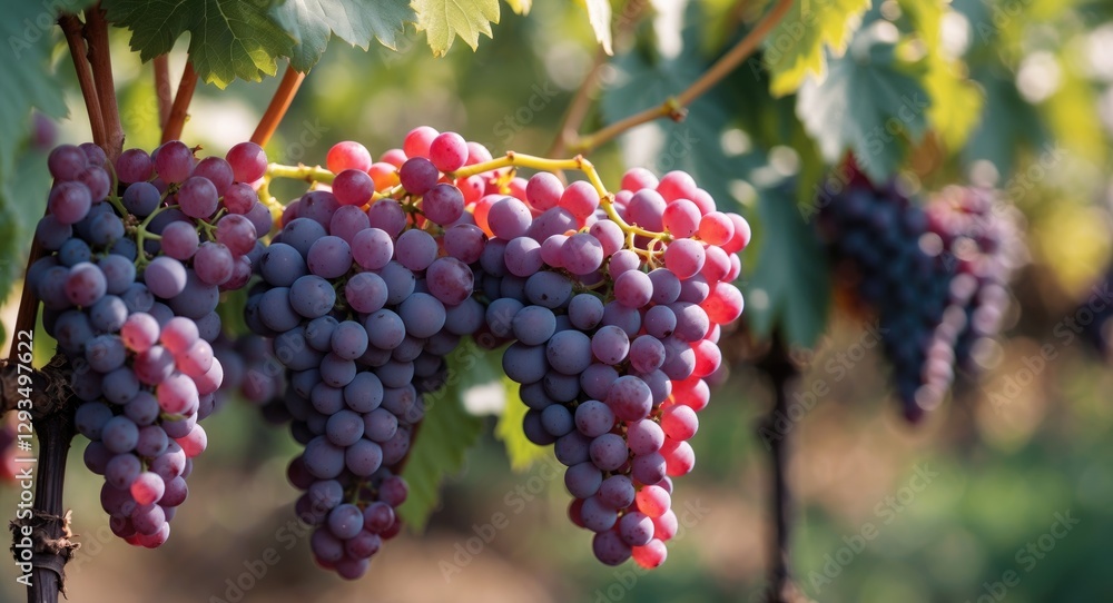 Poster vibrant bunches of grapes hanging on vine with blurred background and space for text or titles