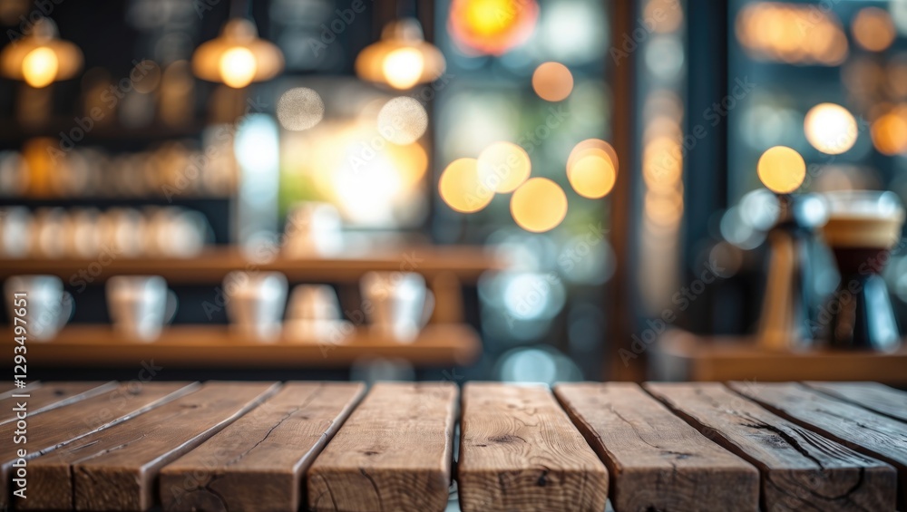 Poster Empty rustic wooden table with blurred coffee shop background and bokeh lights ideal for product displays and photomontages.