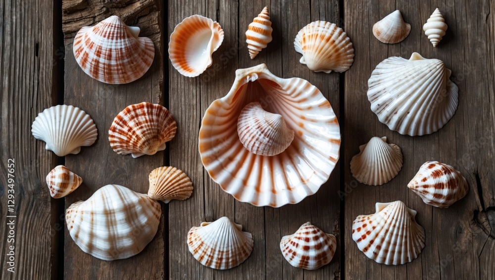 Poster seashells arranged on rustic wooden surface showcasing summer beach theme and natural textures perfe
