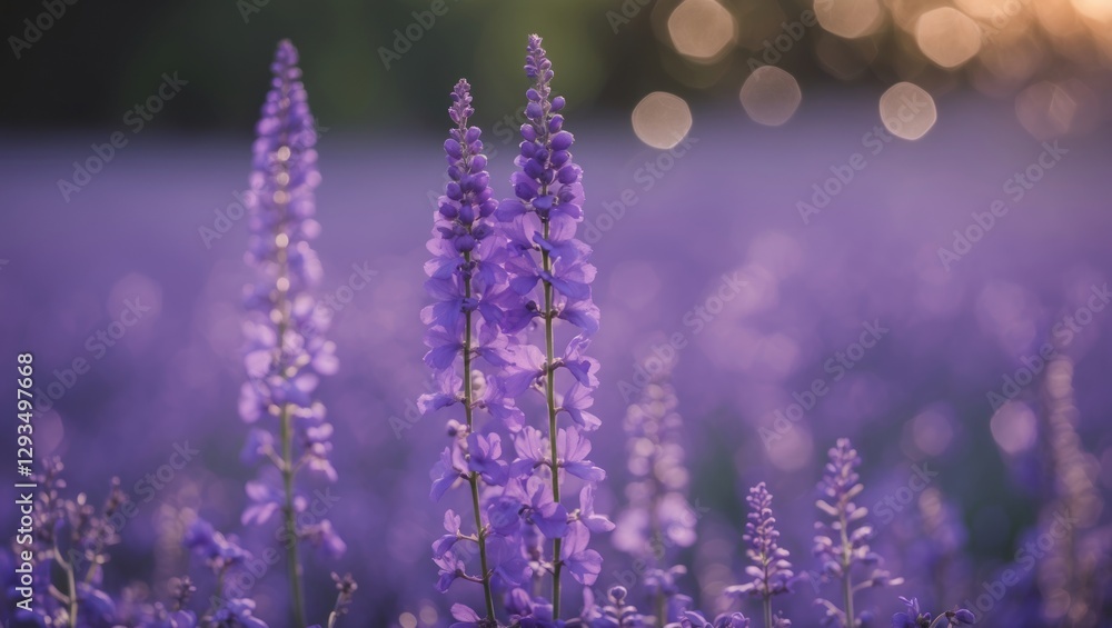 Poster lavender flowers blooming in a field with a soft bokeh effect creating a dreamy violet background in