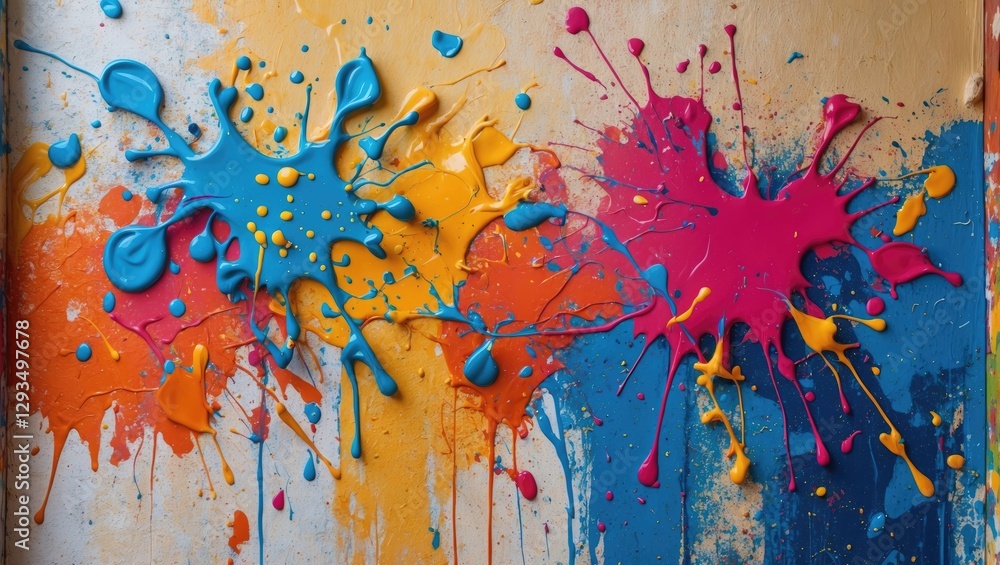 Poster vibrant abstract background featuring colorful paint splashes on a textured wall creating a dynamic 