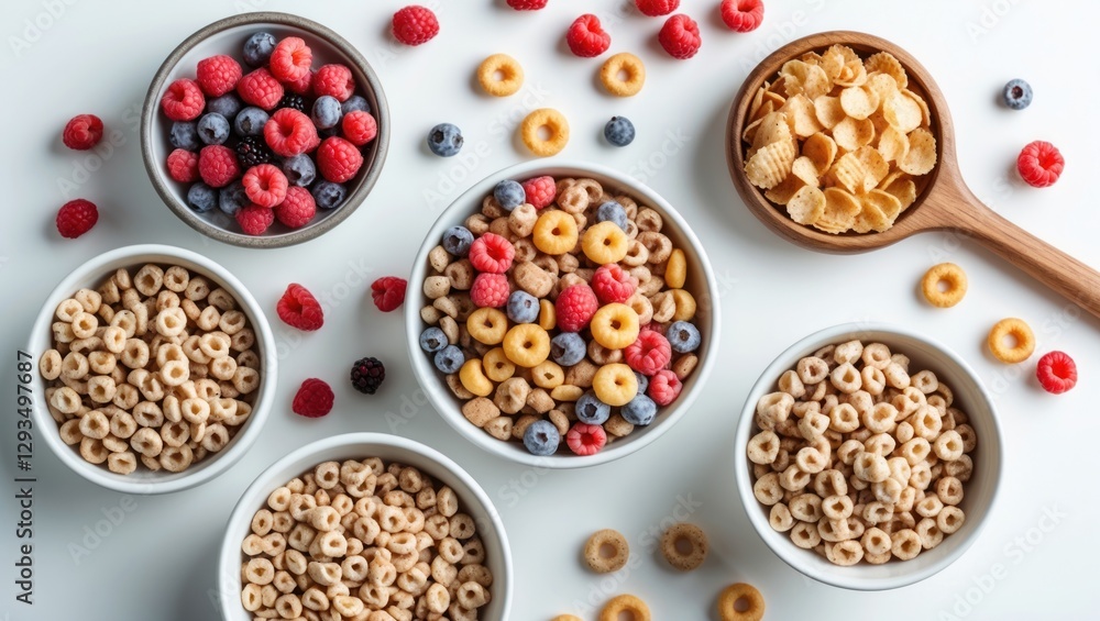 Poster variety of colorful cereals and berries in bowls arranged on a white background with space for text 