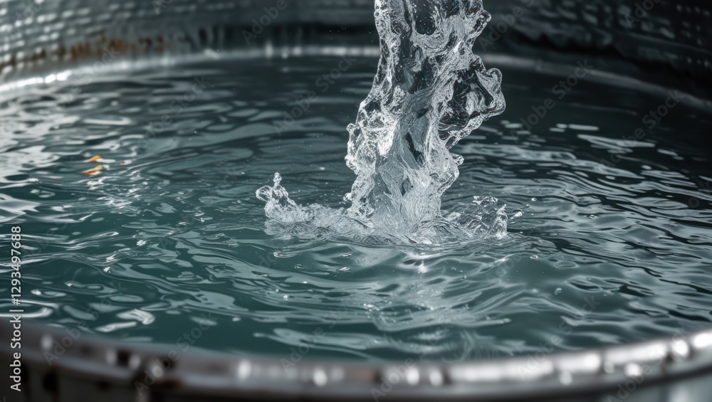 Poster agitated water surface in a large metal container showcasing dynamic movement and intricate liquid t