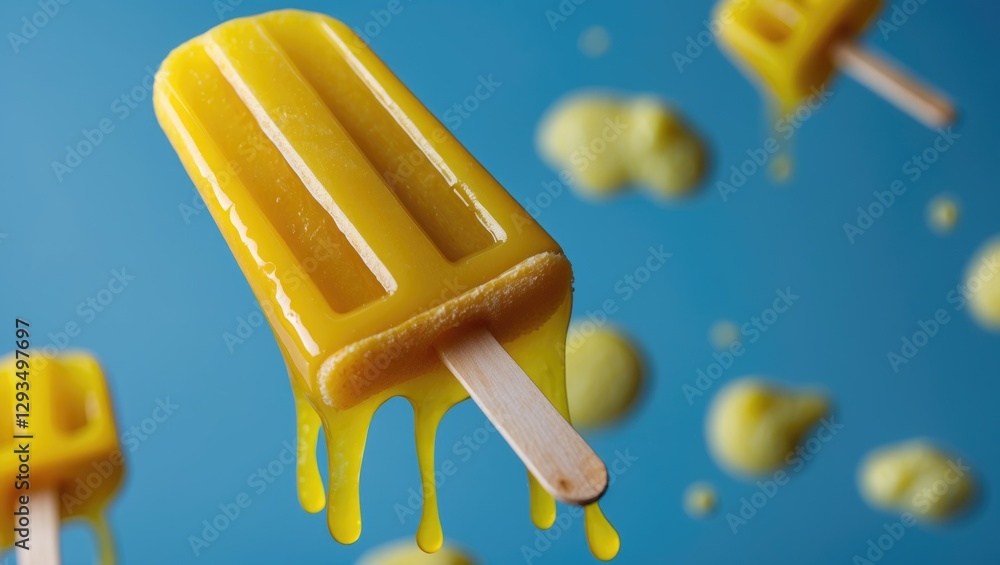 Poster melting yellow popsicle on bright blue background with dripping texture and playful summer vibe
