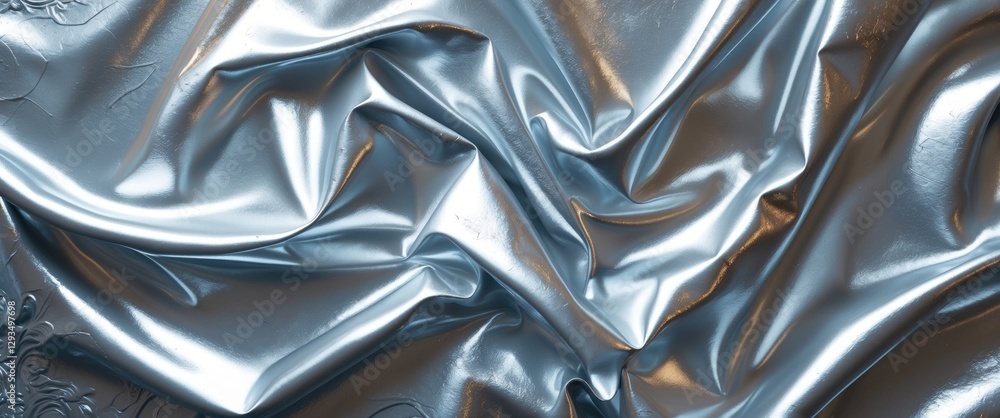 Poster metallic silver foil fabric texture with elegant drapery and glossy reflections for decorative and d