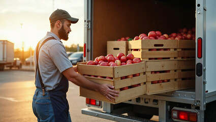 A man is loading wooden crates filled with apples into the back of a delivery truck as the sun sets. The warm light creates a productive atmosphere in an outdoor setting