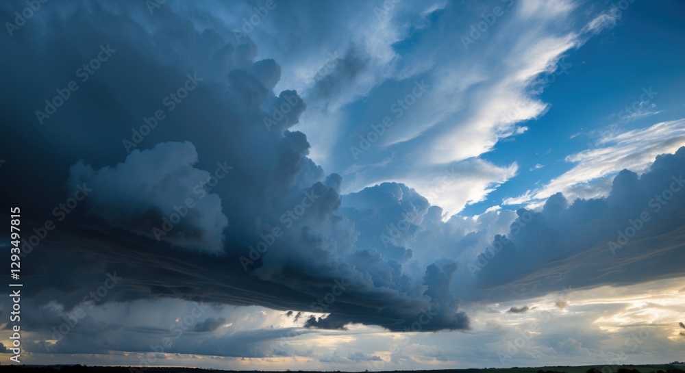 Poster dramatic sky featuring dark rain clouds against a backdrop of bright blue and white clouds creating 
