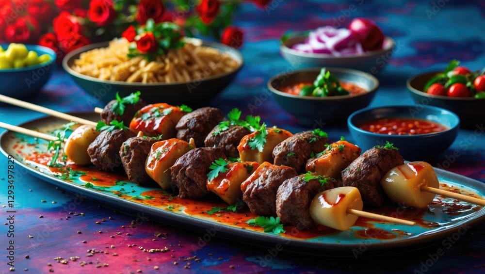 Poster delicious shish kebab with vegetables on a long plate surrounded by colorful side dishes and sauces 