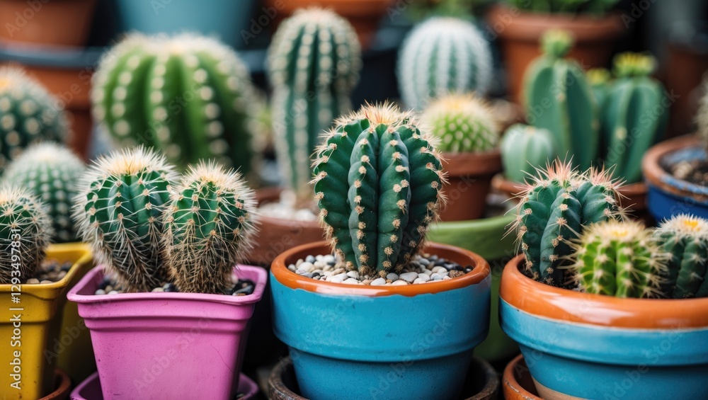 Poster vibrant collection of small cacti in colorful pots displaying unique species and lush greenery ideal