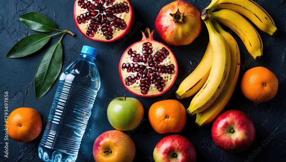 Poster assorted fresh ripe fruits with a bottle of water on a dark background above view healthy eating con