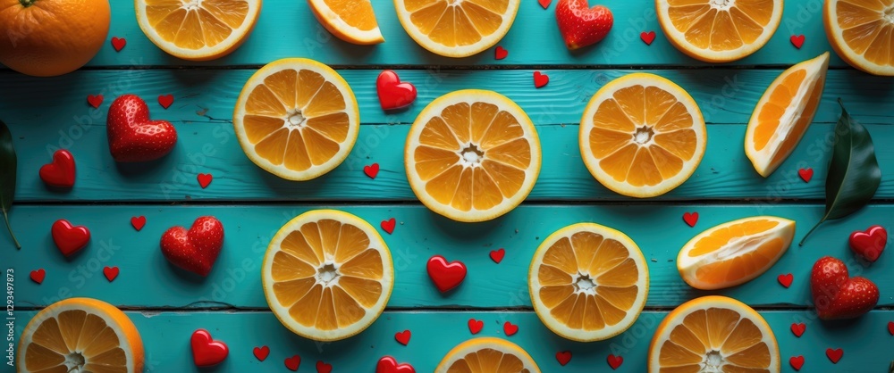 Poster slices of oranges arranged with red hearts on a turquoise wooden surface creating a vibrant romantic